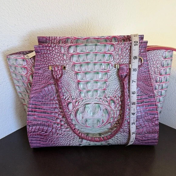 Brahmin Priscilla Melbourne in Julep Pink & Green Croc-Embossed Satchel. - Picture 12 of 16